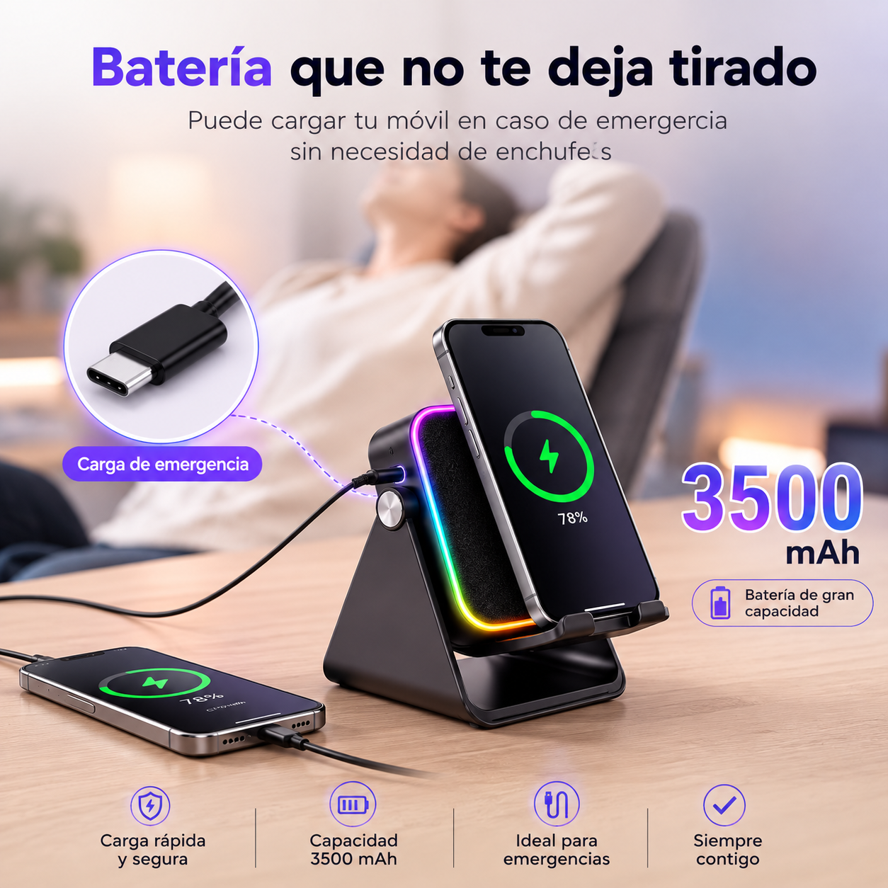 Soporte Cargador Inalámbrico 5 en 1 con Altavoz Bluetooth y Luz LED | Compatible con iPhone y Android