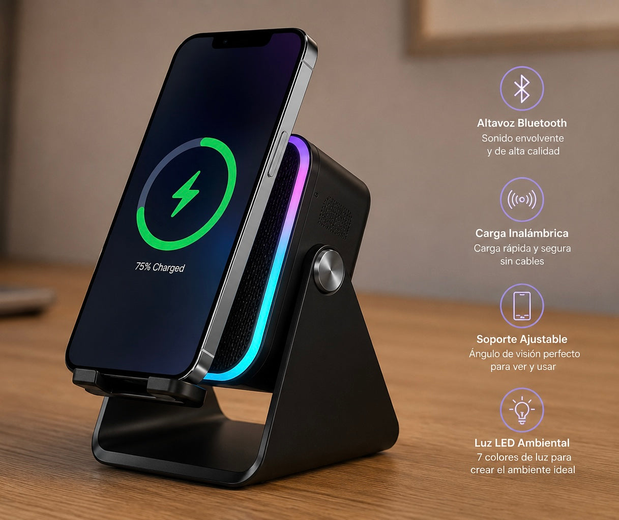 Soporte Cargador Inalámbrico 5 en 1 con Altavoz Bluetooth y Luz LED | Compatible con iPhone y Android