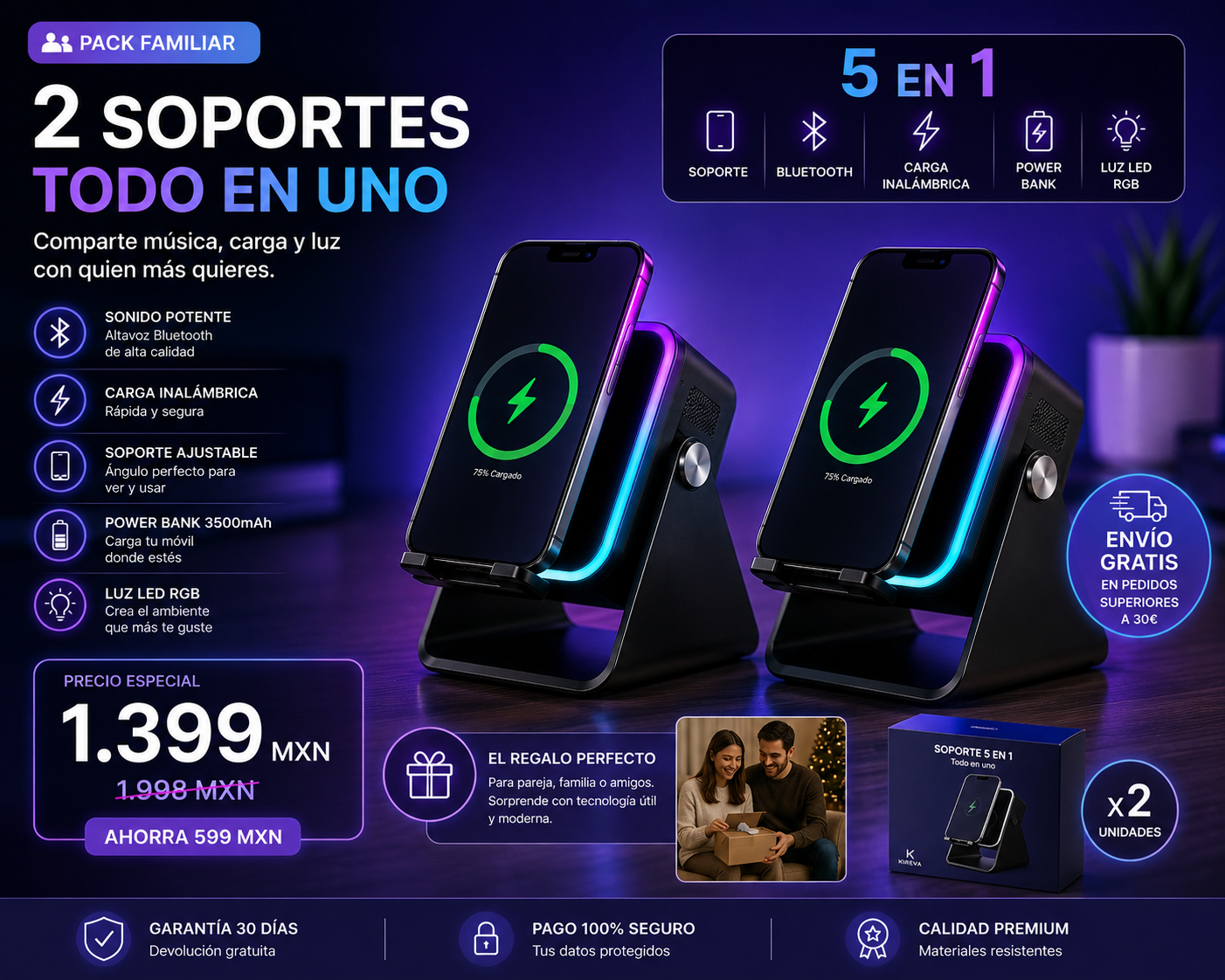 Soporte Cargador Inalámbrico 5 en 1 con Altavoz Bluetooth y Luz LED | Compatible con iPhone y Android
