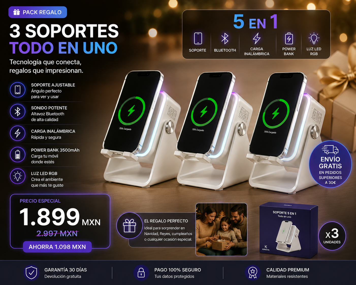 Soporte Cargador Inalámbrico 5 en 1 con Altavoz Bluetooth y Luz LED | Compatible con iPhone y Android