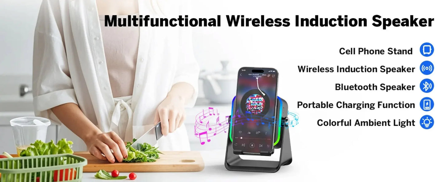 Soporte Cargador Inalámbrico 5 en 1 con Altavoz Bluetooth y Luz LED | Compatible con iPhone y Android