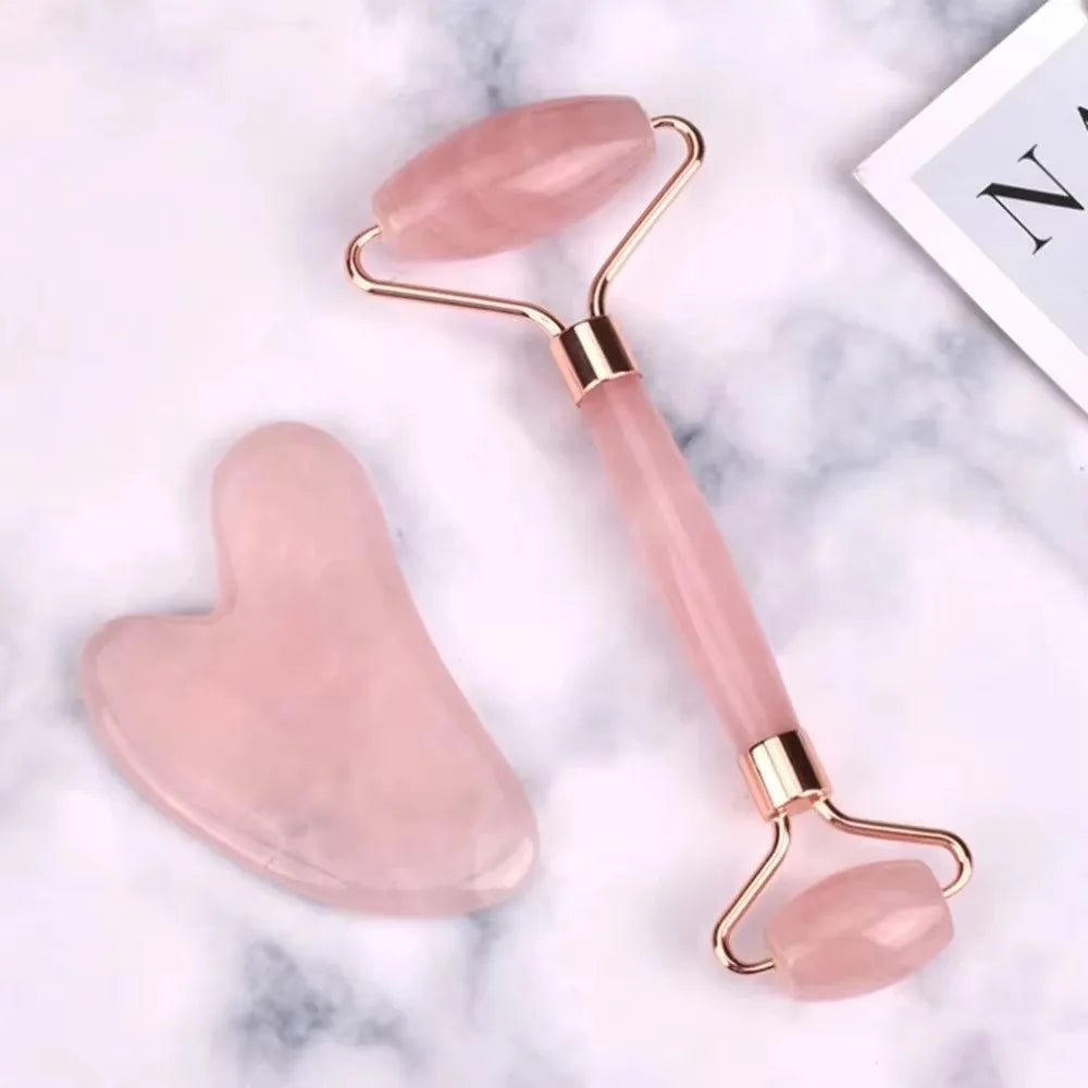 Set Facial Gua Sha + Rodillo de Cuarzo Rosa | Masajeador Reafirmante y Antiinflamación