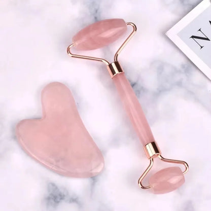 Set Facial Gua Sha + Rodillo de Cuarzo Rosa | Masajeador Reafirmante y Antiinflamación