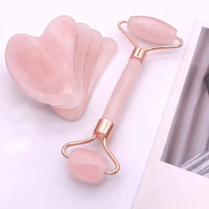 Set Facial Gua Sha + Rodillo de Cuarzo Rosa | Masajeador Reafirmante y Antiinflamación