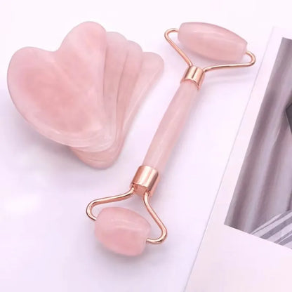 Set Facial Gua Sha + Rodillo de Cuarzo Rosa | Masajeador Reafirmante y Antiinflamación