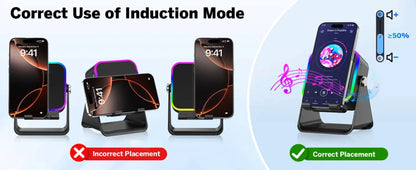 Soporte Cargador Inalámbrico 5 en 1 con Altavoz Bluetooth y Luz LED | Compatible con iPhone y Android
