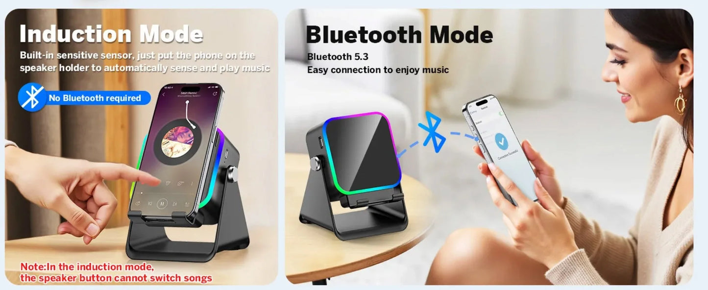 Soporte Cargador Inalámbrico 5 en 1 con Altavoz Bluetooth y Luz LED | Compatible con iPhone y Android