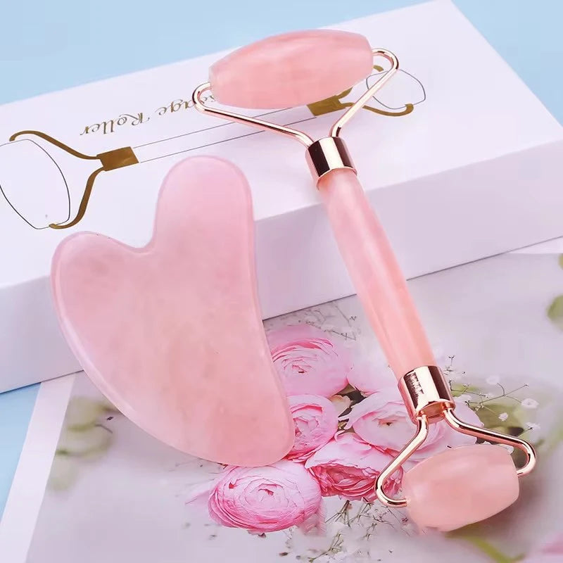Set Facial Gua Sha + Rodillo de Cuarzo Rosa | Masajeador Reafirmante y Antiinflamación