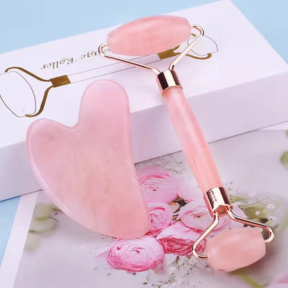 Set Facial Gua Sha + Rodillo de Cuarzo Rosa | Masajeador Reafirmante y Antiinflamación