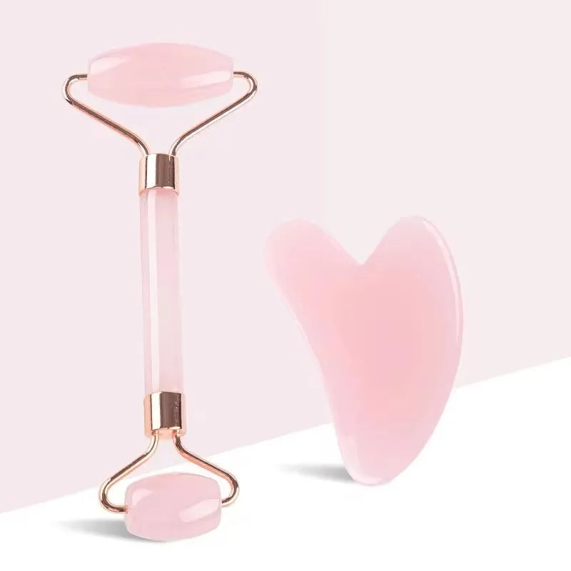 Set Facial Gua Sha + Rodillo de Cuarzo Rosa | Masajeador Reafirmante y Antiinflamación