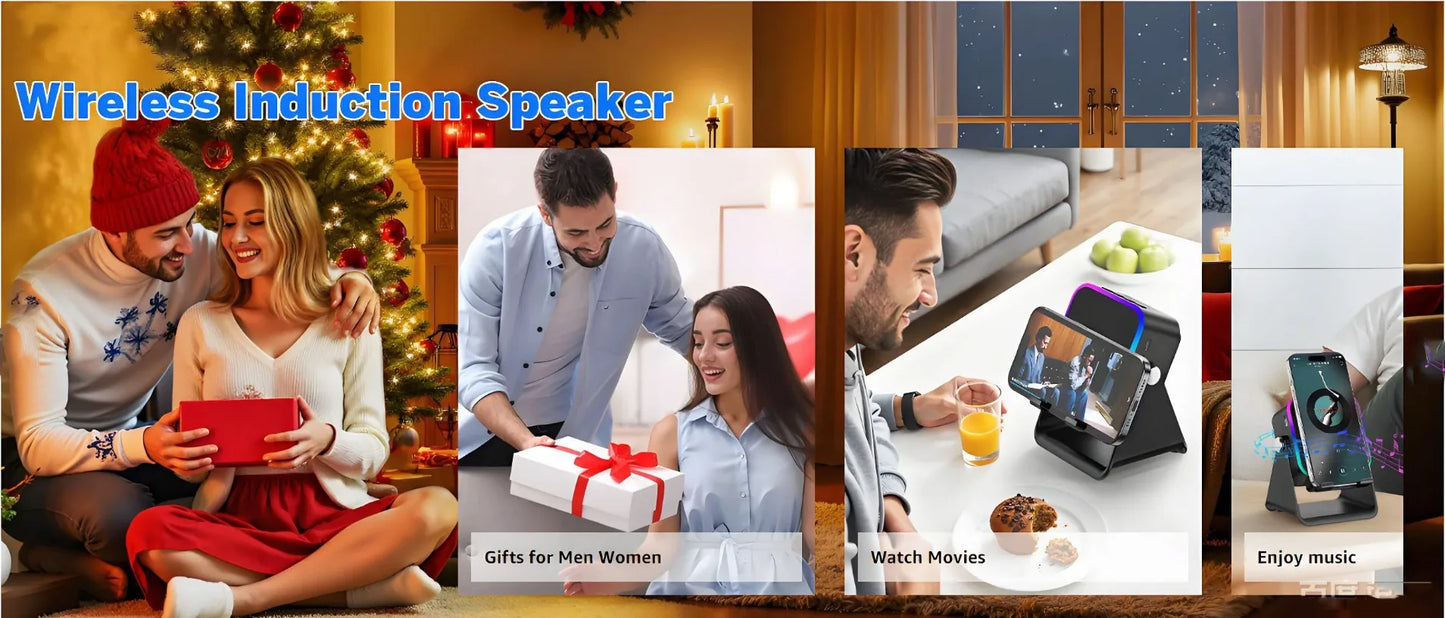 Soporte Cargador Inalámbrico 5 en 1 con Altavoz Bluetooth y Luz LED | Compatible con iPhone y Android