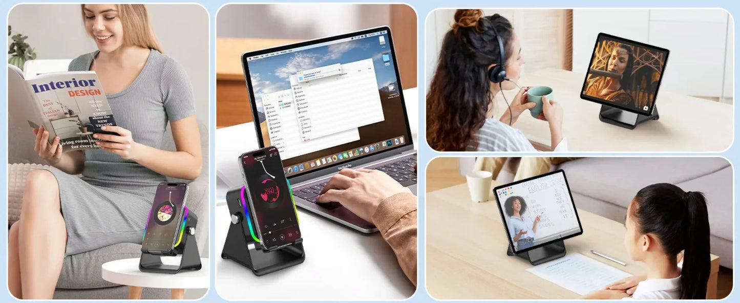 Soporte Cargador Inalámbrico 5 en 1 con Altavoz Bluetooth y Luz LED | Compatible con iPhone y Android