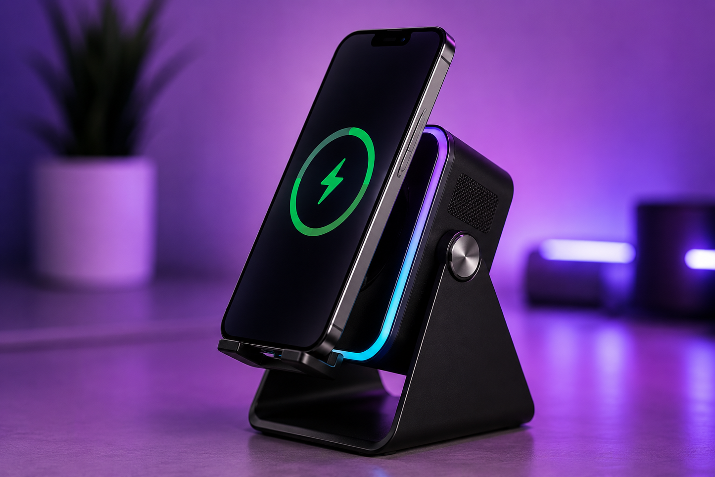 Soporte Cargador Inalámbrico 5 en 1 con Altavoz Bluetooth y Luz LED | Compatible con iPhone y Android