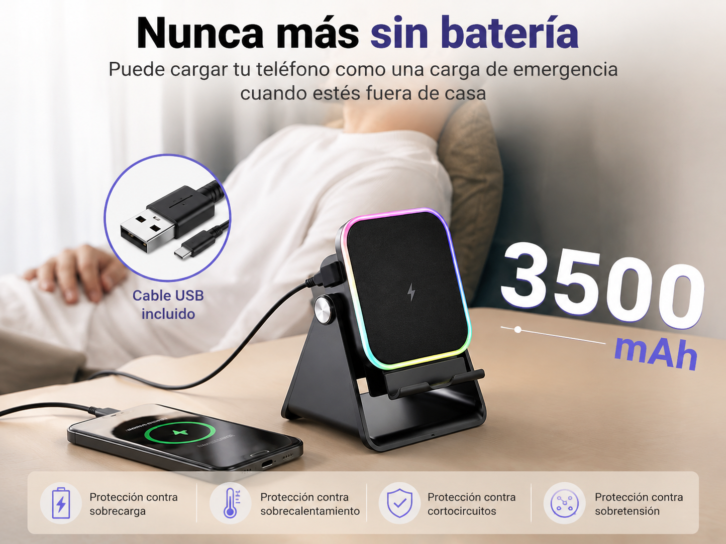 Soporte Cargador Inalámbrico 5 en 1 con Altavoz Bluetooth y Luz LED | Compatible con iPhone y Android