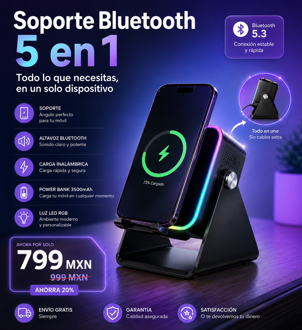 Soporte Cargador Inalámbrico 5 en 1 con Altavoz Bluetooth y Luz LED | Compatible con iPhone y Android