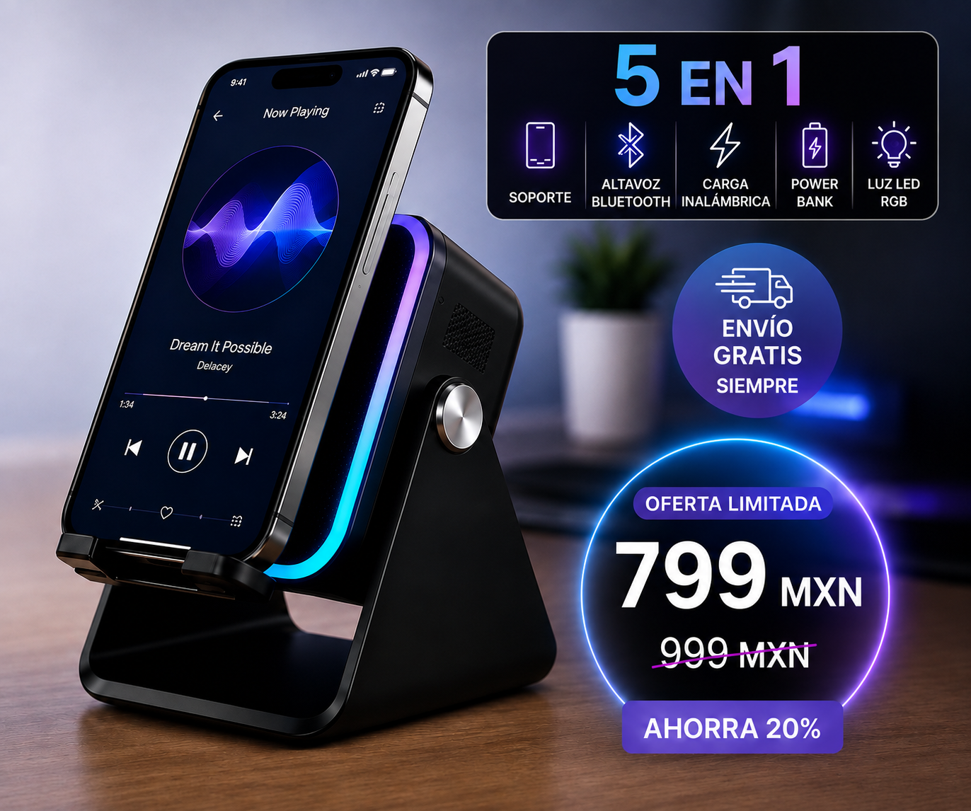 Soporte Cargador Inalámbrico 5 en 1 con Altavoz Bluetooth y Luz LED | Compatible con iPhone y Android