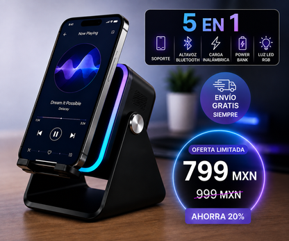 Soporte Cargador Inalámbrico 5 en 1 con Altavoz Bluetooth y Luz LED | Compatible con iPhone y Android