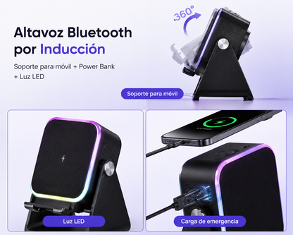 Soporte Cargador Inalámbrico 5 en 1 con Altavoz Bluetooth y Luz LED | Compatible con iPhone y Android