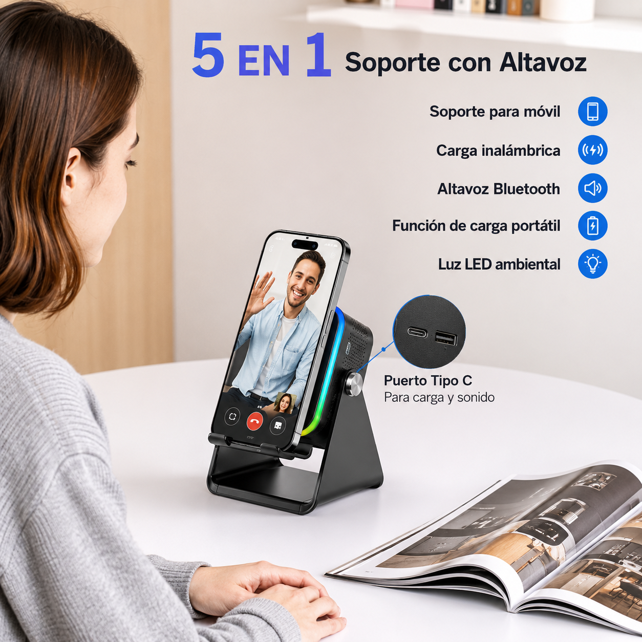 Soporte Cargador Inalámbrico 5 en 1 con Altavoz Bluetooth y Luz LED | Compatible con iPhone y Android